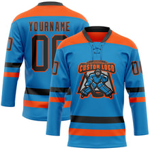 Load image into Gallery viewer, Custom Blue Black-Orange Hockey Lace Neck Jersey
