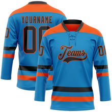 Load image into Gallery viewer, Custom Blue Black-Orange Hockey Lace Neck Jersey
