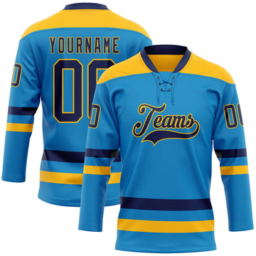 Custom Blue Navy-Gold Hockey Lace Neck Jersey