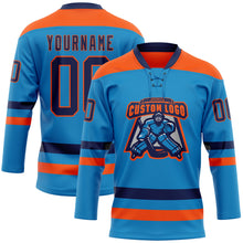 Load image into Gallery viewer, Custom Blue Navy-Orange Hockey Lace Neck Jersey
