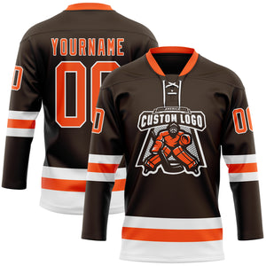 Custom Brown Orange-White Hockey Lace Neck Jersey