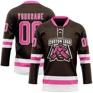 Custom Brown Pink-White Hockey Lace Neck Jersey