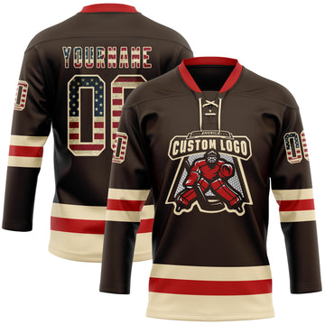 Custom Brown Vintage USA Flag Cream-Red Hockey Lace Neck Jersey