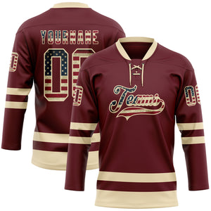 Custom Burgundy Vintage USA Flag-Cream Hockey Lace Neck Jersey