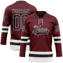 Load image into Gallery viewer, Custom Burgundy Black-White Hockey Lace Neck Jersey
