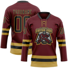 Load image into Gallery viewer, Custom Burgundy Black-Old Gold Hockey Lace Neck Jersey
