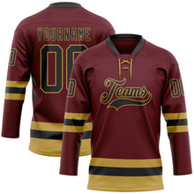 Load image into Gallery viewer, Custom Burgundy Black-Old Gold Hockey Lace Neck Jersey
