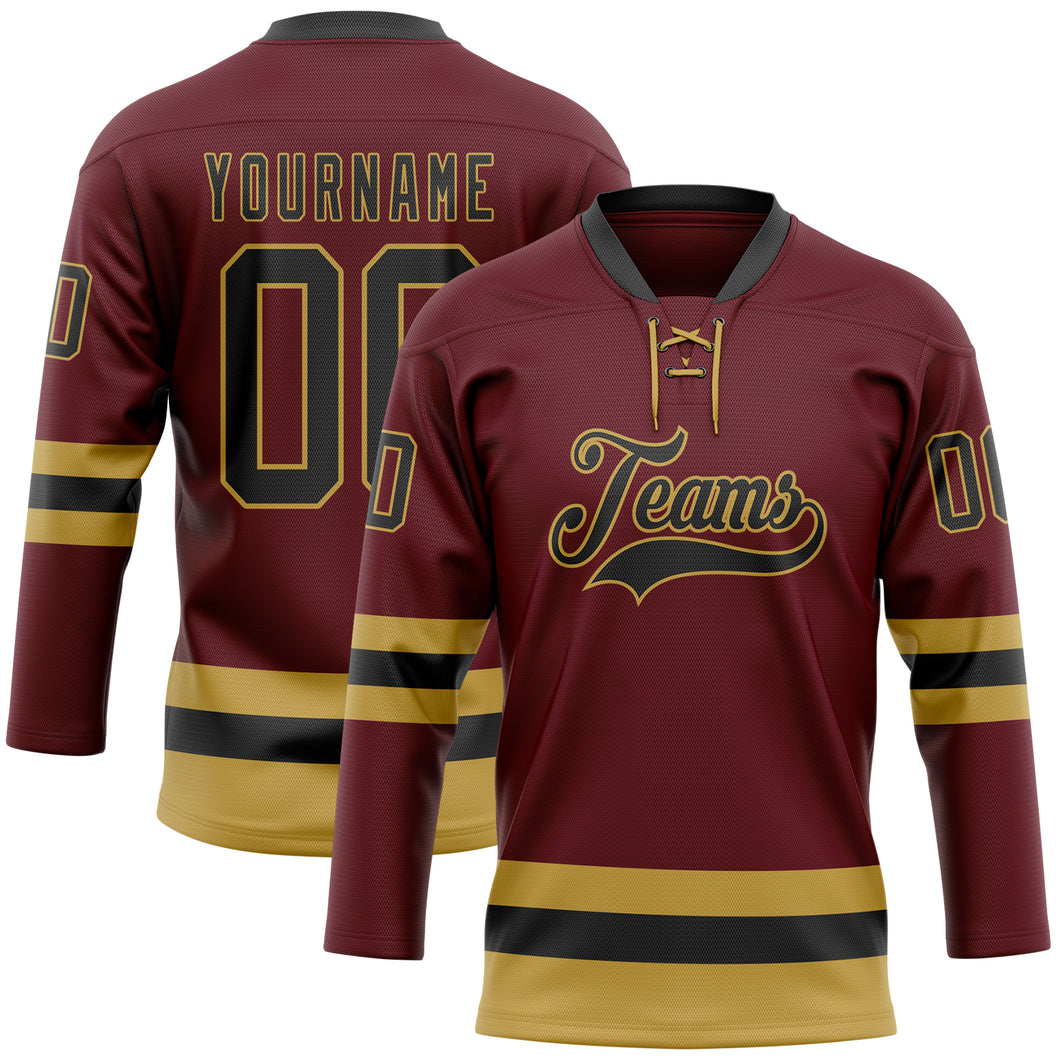 Custom Burgundy Black-Old Gold Hockey Lace Neck Jersey