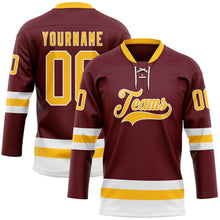 Load image into Gallery viewer, Custom Burgundy Gold-White Hockey Lace Neck Jersey
