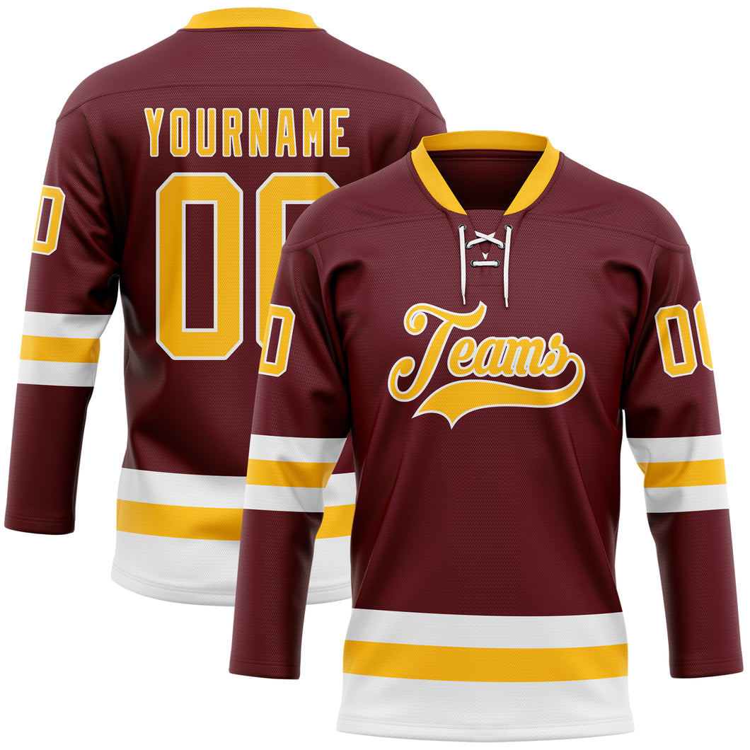 Custom Burgundy Gold-White Hockey Lace Neck Jersey