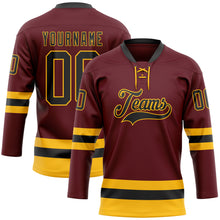 Load image into Gallery viewer, Custom Burgundy Black-Gold Hockey Lace Neck Jersey
