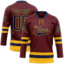 Load image into Gallery viewer, Custom Burgundy Navy-Gold Hockey Lace Neck Jersey
