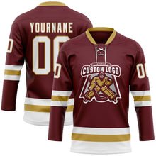 Load image into Gallery viewer, Custom Burgundy White-Old Gold Hockey Lace Neck Jersey
