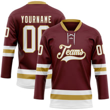 Load image into Gallery viewer, Custom Burgundy White-Old Gold Hockey Lace Neck Jersey
