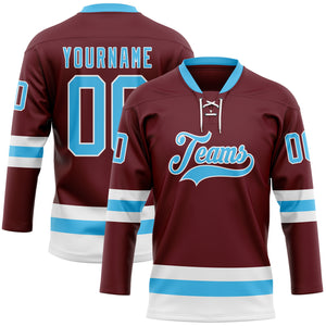 Custom Burgundy Sky Blue-White Hockey Lace Neck Jersey