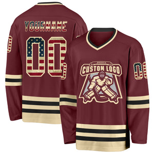 Custom Burgundy Vintage USA Flag Cream-Black Hockey Jersey