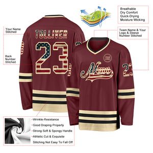 Custom Burgundy Vintage USA Flag Cream-Black Hockey Jersey