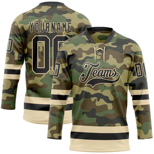 Custom Camo Black-Cream Salute To Service Hockey Lace Neck Jersey