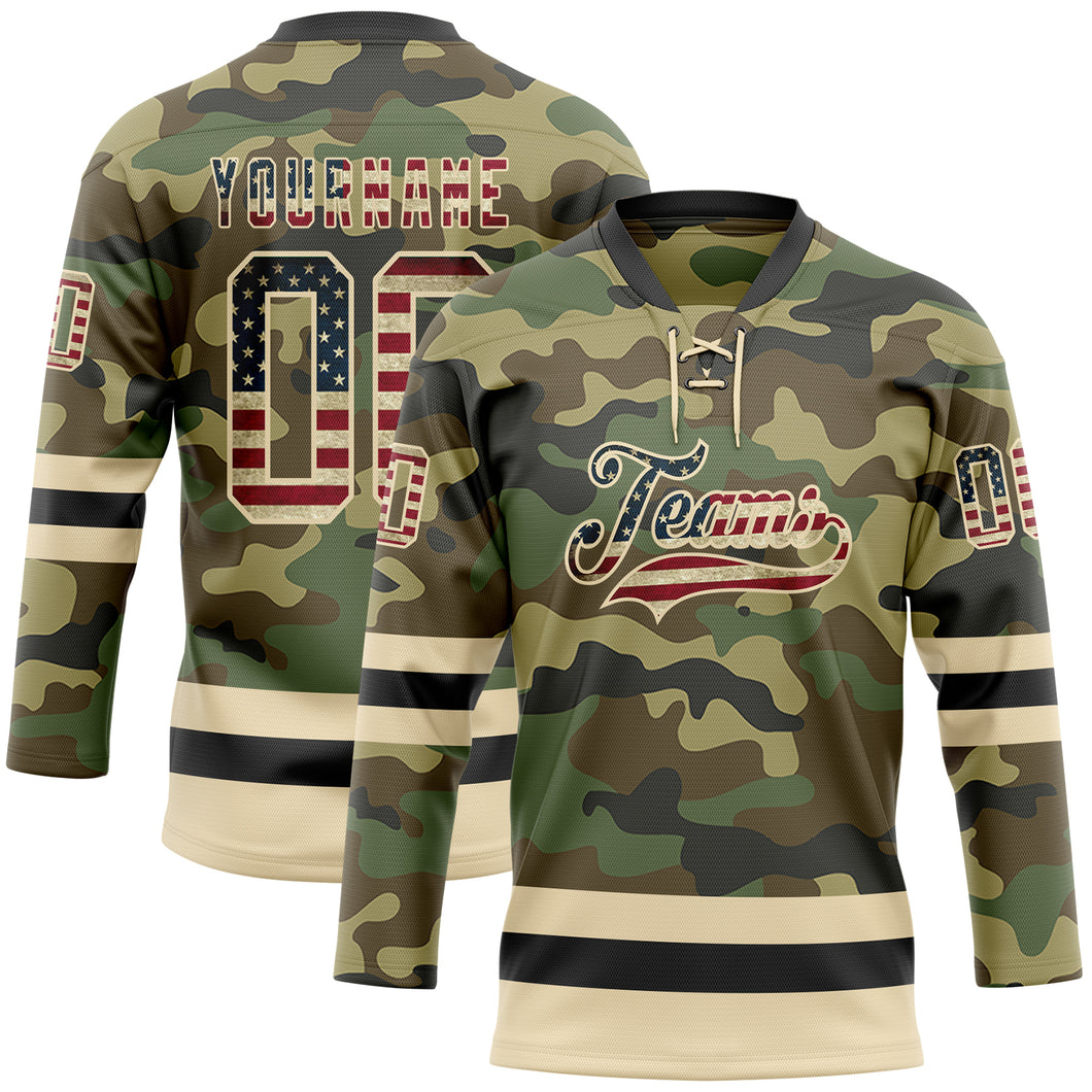 Custom Camo Vintage USA Flag Cream-Black Salute To Service Hockey Lace Neck Jersey