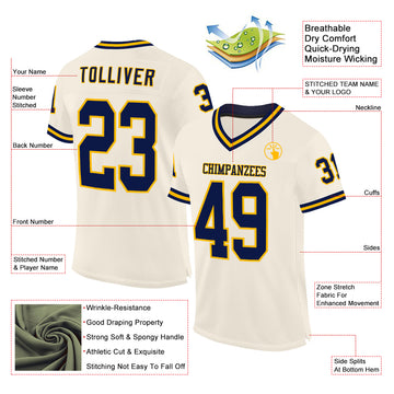 Custom Cream Navy-Gold Mesh Authentic Throwback Football Jersey