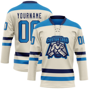 Custom Cream Blue-Navy Hockey Lace Neck Jersey