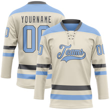 Load image into Gallery viewer, Custom Cream Light Blue-Steel Gray Hockey Lace Neck Jersey
