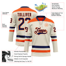 Load image into Gallery viewer, Custom Cream Navy-Orange Hockey Lace Neck Jersey
