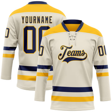 Custom Cream Navy-Gold Hockey Lace Neck Jersey