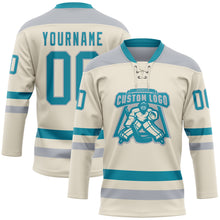 Load image into Gallery viewer, Custom Cream Teal-Gray Hockey Lace Neck Jersey
