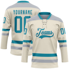 Load image into Gallery viewer, Custom Cream Teal-Gray Hockey Lace Neck Jersey
