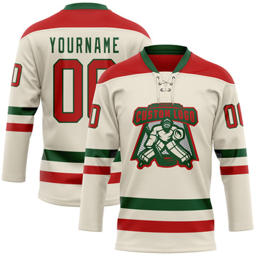 Custom Cream Red-Green Hockey Lace Neck Jersey