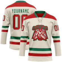 Load image into Gallery viewer, Custom Cream Red-Kelly Green Hockey Lace Neck Jersey
