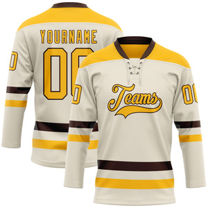 Custom Cream Gold-Brown Hockey Lace Neck Jersey