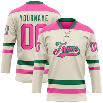 Custom Cream Pink-Kelly Green Hockey Lace Neck Jersey