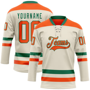 Custom Cream Orange-Kelly Green Hockey Lace Neck Jersey