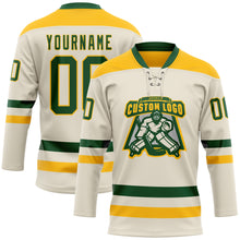 Load image into Gallery viewer, Custom Cream Green-Gold Hockey Lace Neck Jersey
