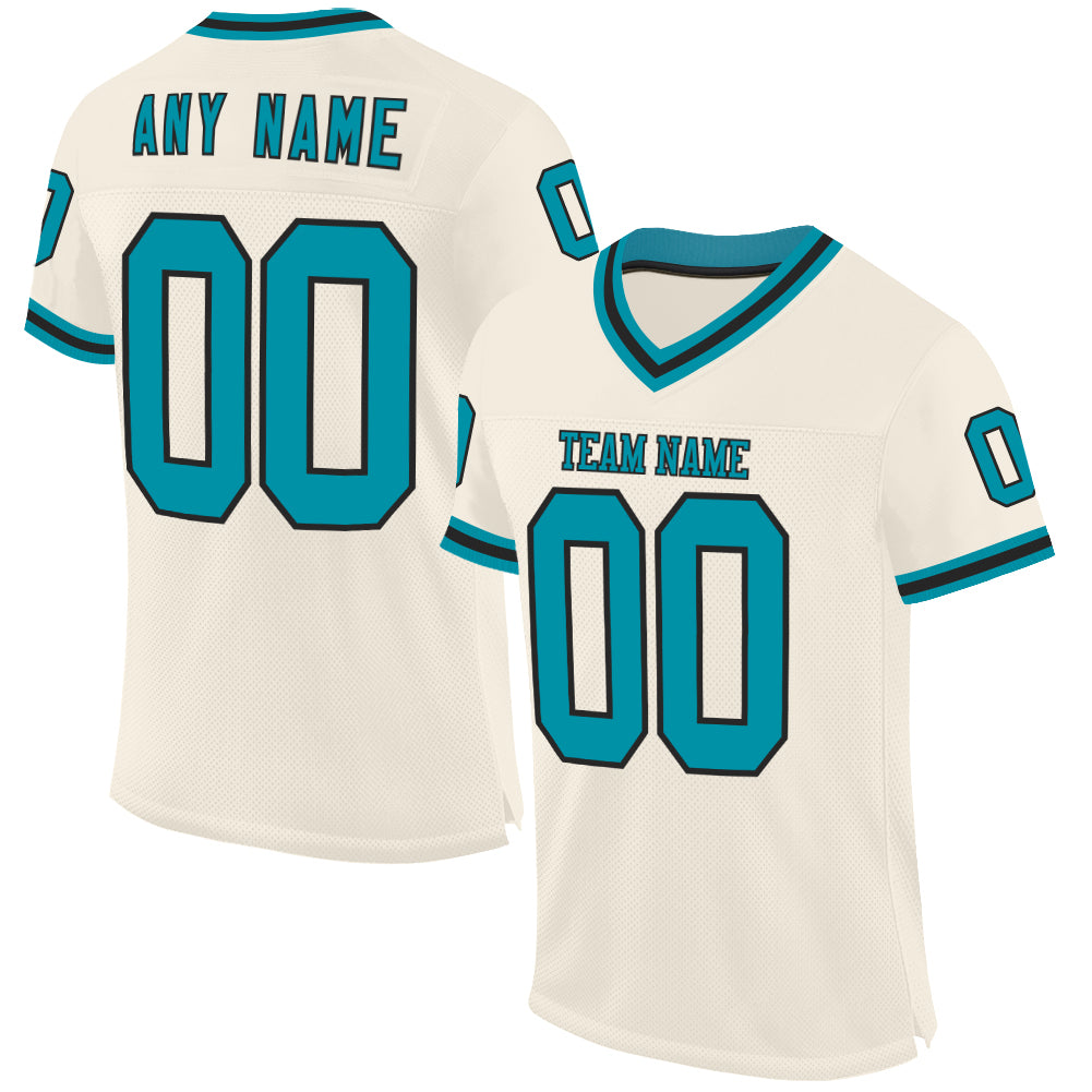 Custom Cream Teal-Black Mesh Authentic Throwback Football Jersey