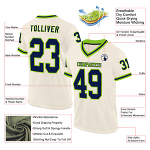 Custom Cream Navy-Neon Green Mesh Authentic Throwback Football Jersey