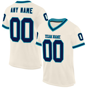 Custom Cream Navy-Teal Mesh Authentic Throwback Football Jersey