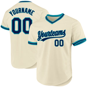 Custom Cream Navy-Teal Authentic Throwback Baseball Jersey