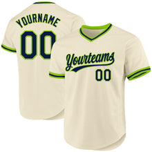 Load image into Gallery viewer, Custom Cream Navy-Neon Green Authentic Throwback Baseball Jersey
