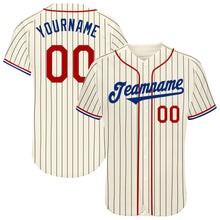 Load image into Gallery viewer, Custom Cream Black Pinstripe Red Royal-White Authentic Baseball Jersey
