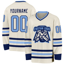 Load image into Gallery viewer, Custom Cream Light Blue-Navy Hockey Jersey
