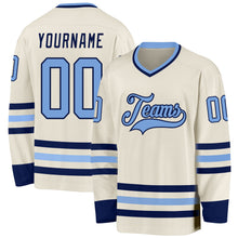 Load image into Gallery viewer, Custom Cream Light Blue-Navy Hockey Jersey
