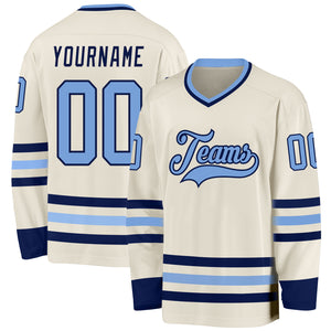 Custom Cream Light Blue-Navy Hockey Jersey