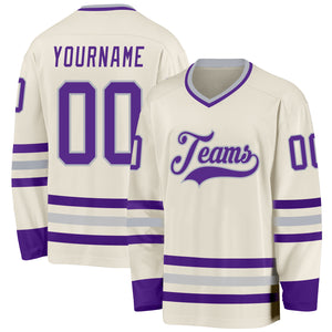 Custom Cream Purple-Gray Hockey Jersey