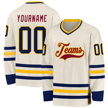 Custom Cream Navy Gold-Maroon Hockey Jersey