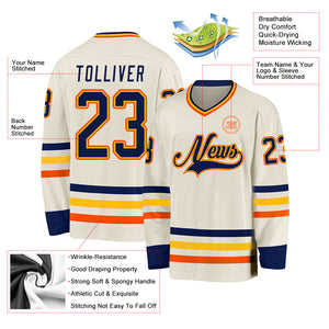 Custom Cream Navy Gold-Orange Hockey Jersey