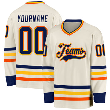 Custom Cream Navy Gold-Orange Hockey Jersey