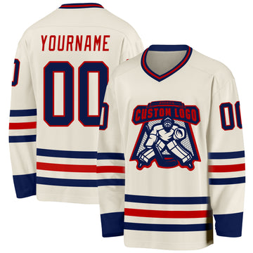 Custom Cream Navy-Red Hockey Jersey